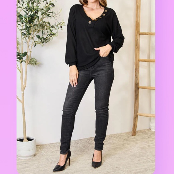 BRUSHED WAFFLE V-NECK BUTTON DETAIL SWEATER - Picture 2 of 5